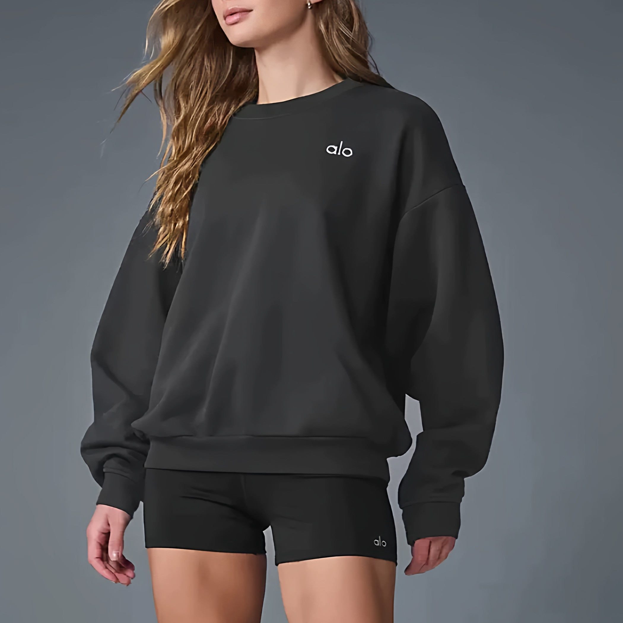 ALO秋冬季字母2025毛圈圆领长袖宽松情侣卫衣纯色简约款百搭女