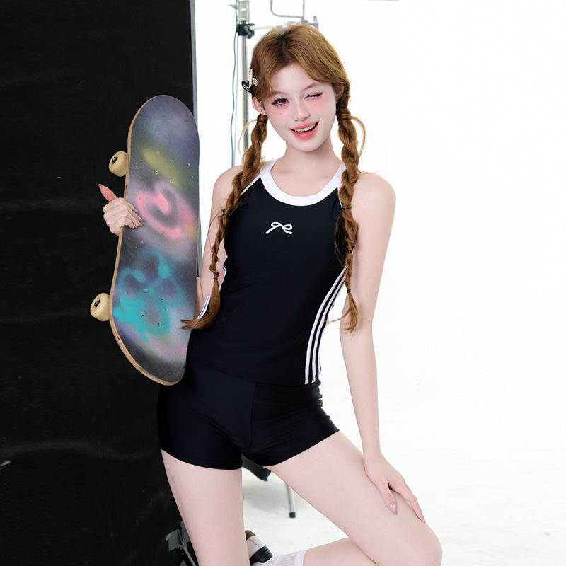 涵韵海复古泳衣女分体平角背心保守运动竞速学生少女显瘦遮肉温泉