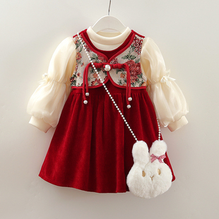 女宝宝冬季 儿童洋气加绒加厚两件套裙复古公主裙 周岁红色新年套装