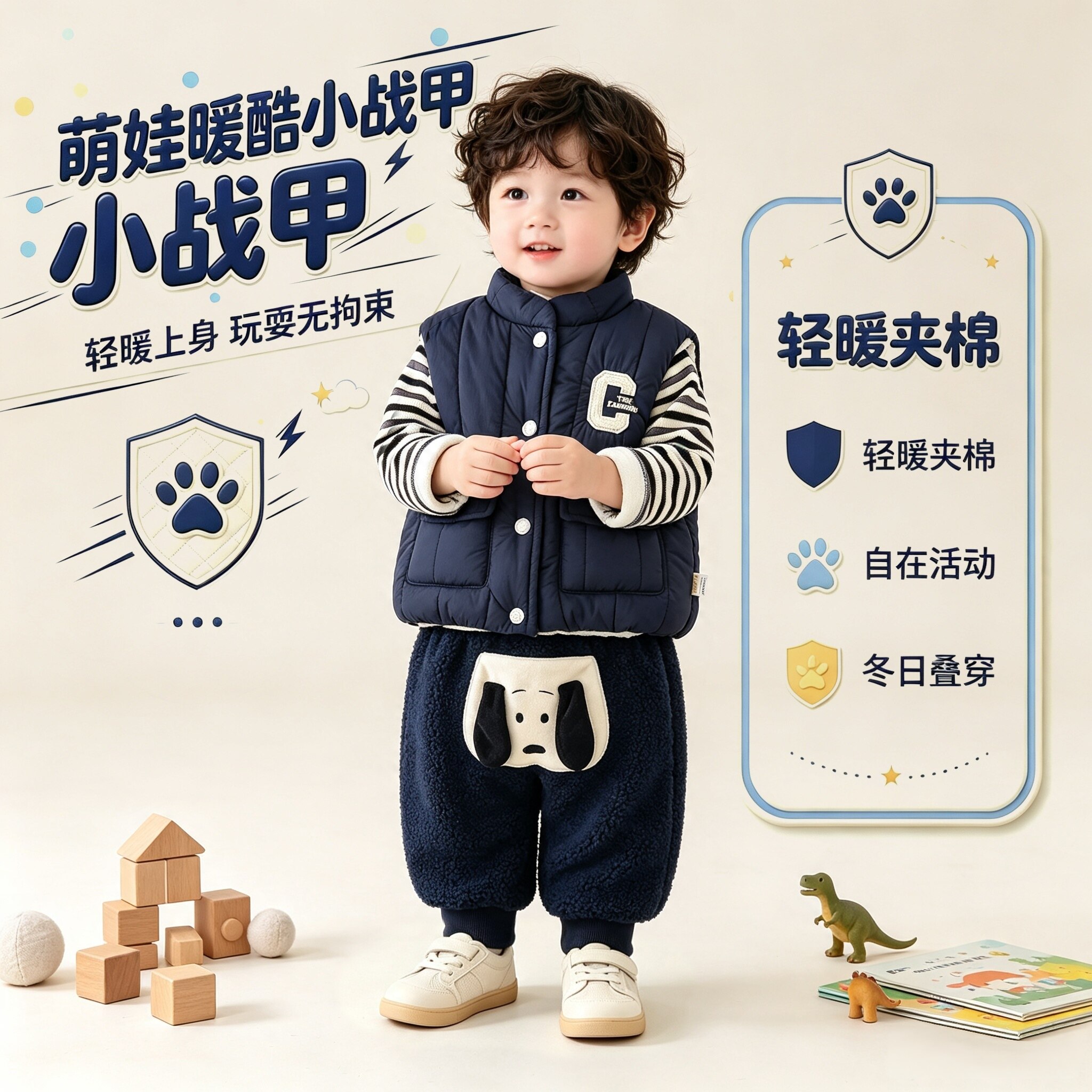 棉服马甲宝宝秋冬新款背心外穿婴儿童韩版加厚外套搭叠穿黑色羽绒