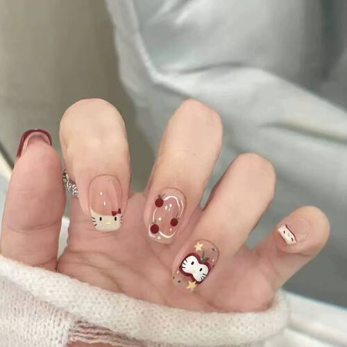 童趣半手工穿戴甲短款手绘苹果蛋糕猫咪美甲ins氛围感甜美指甲贴