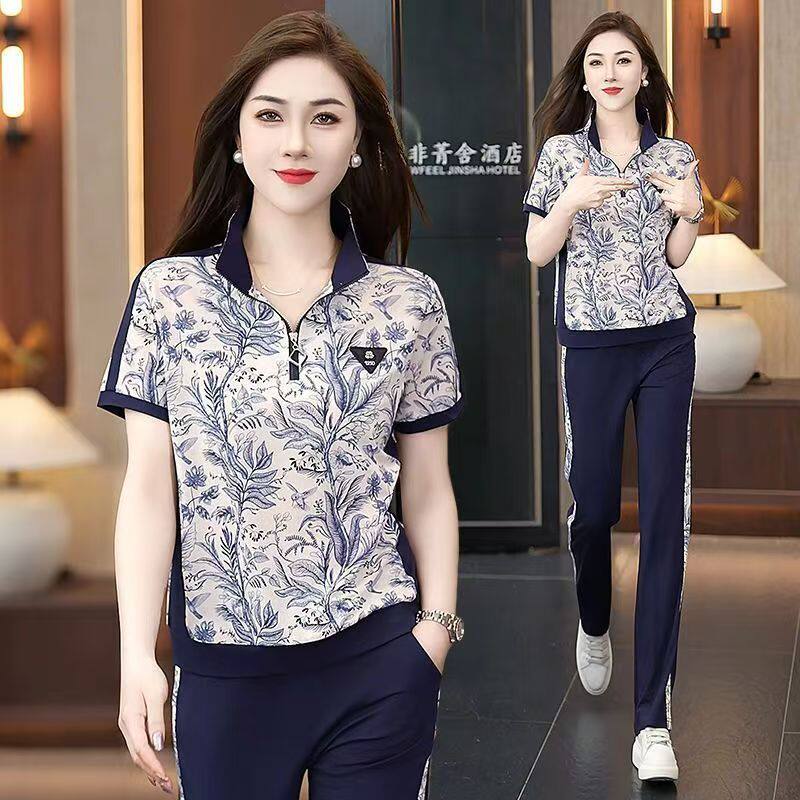 休闲服运动套装女夏季2025新款时尚洋气质妈妈短袖减龄显瘦两件套