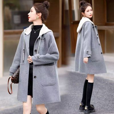 中长款毛呢风衣外套女小个子秋冬加厚高级感冬天灰色连帽呢子大衣