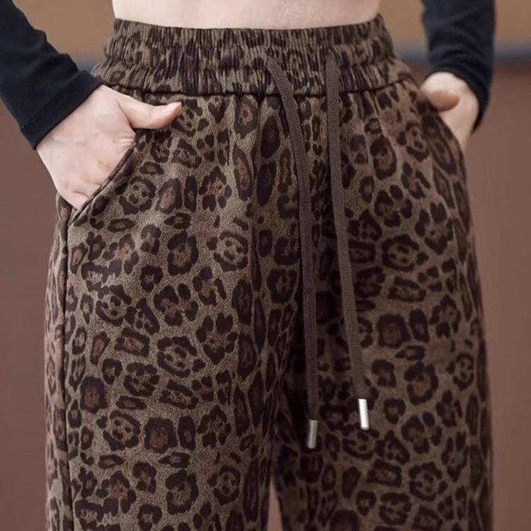 2025新款豹纹休闲卫裤阔腿女裤秋冬款加绒加厚抽绳松紧腰直筒裤子,女装/女士精品,卫裤,淘宝优惠券,粉丝福利购,淘宝优惠卷