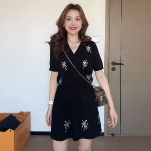 t恤半身裙巨顯瘦套裝 大碼 燙鉆v領短袖 胖mm2025超火夏裝 女裝 一整套