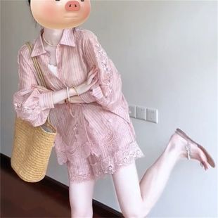 穿搭两件套装 韩系甜美粉色蕾丝防晒衬衫 慵懒风休闲短裤 女夏季 时尚
