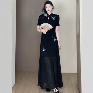 旗袍裙夏季 大码 改良版 女装 微胖mm显瘦掐腰连衣裙 蝴蝶结刺绣新中式