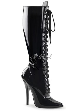 美国Pleaser/Devious15.2cm黑色漆皮尖头高跟系带高筒靴侧拉链靴