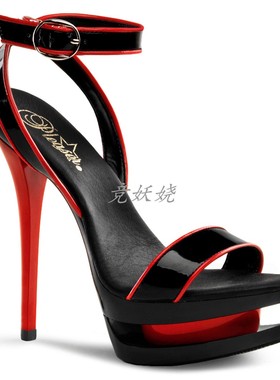 美国代购Pleaser15.2cm厚底防水台环绕式扣带双色露趾高跟凉鞋女