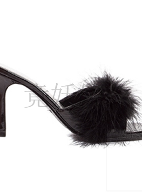 美国Ellie Shoes 8.89cm性感粗跟露趾无带凉鞋毛绒绒装饰高跟凉鞋