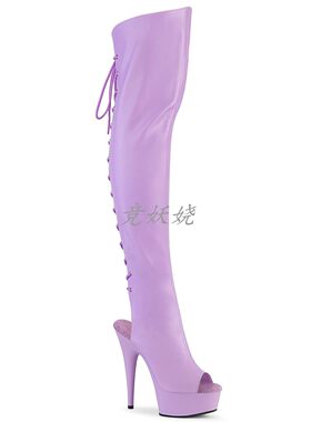 美国Pleaser15.2cm性感秋冬黑色pu皮细跟鱼嘴防水台长筒靴/侧拉链