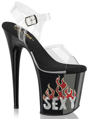 美国代购Pleaser20cm水钻字母火焰图案防水台恨天高露趾高跟凉鞋