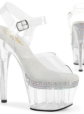 美国代购Pleaser17.8cm厚底水钻装饰防水台透明露趾高跟凉鞋女鞋