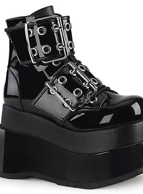 【现货】美国Demonia 11.4cm黑色厚底踝靴双环扣带内侧拉链短筒靴