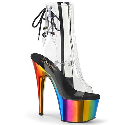 防水台露趾高跟短靴拉链透明凉靴