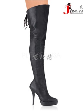 美国Pleaser/Devious13.3cm黑色亚光防水台背部系带侧拉链过膝靴