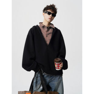 宽松重磅假两件V领连帽卫衣 男士 706 特现货春季