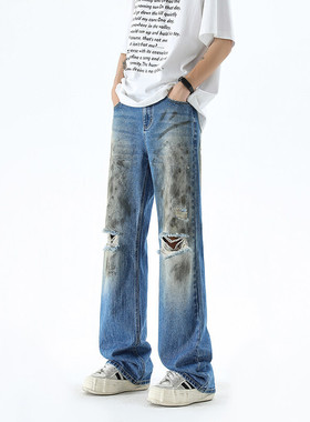 B221美式ins高街暗黑宽松直筒破洞喷墨乞丐牛仔裤LK24200-E60潮78