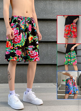 DK2009夏新男女中性大花沙滩裤大码东北大花短裤团队裤运动篮球裤