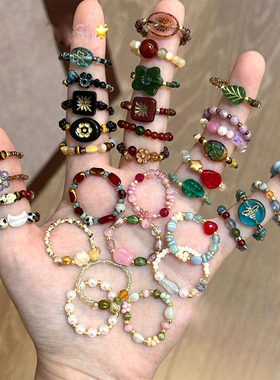 韩国手工米珠串珠戒指 指环弹力编织简约百搭手饰彩色厂家批发