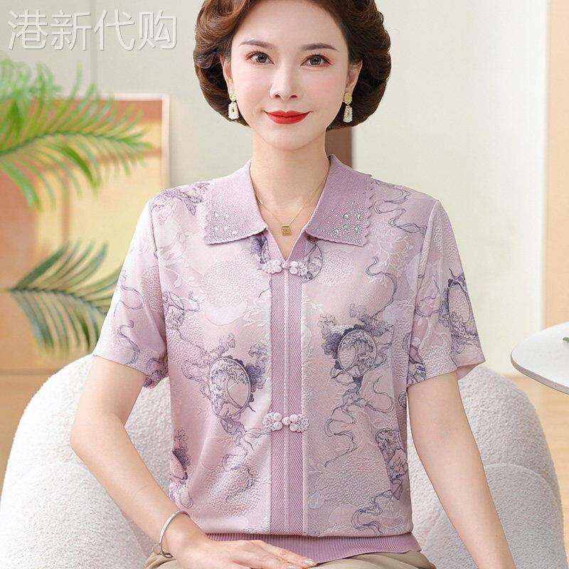 中年妈妈冰丝翻领短袖T恤女士夏季薄款宽松大码50岁60国风上衣