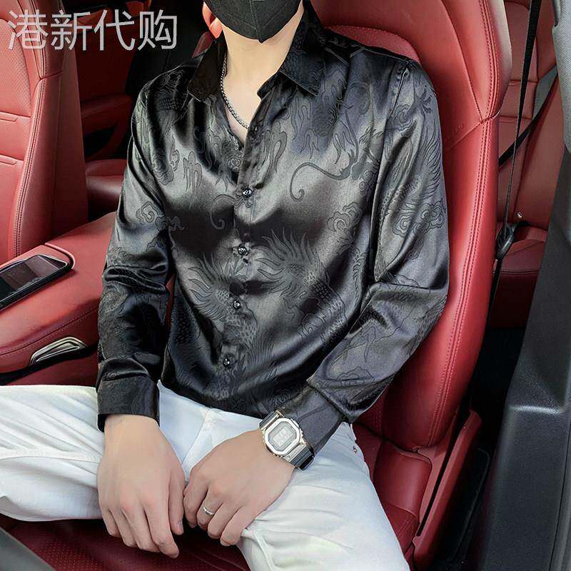 LL男装高级感冰丝衬衫男长袖修身潮流花寸衫痞帅发型师潮牌衬衫