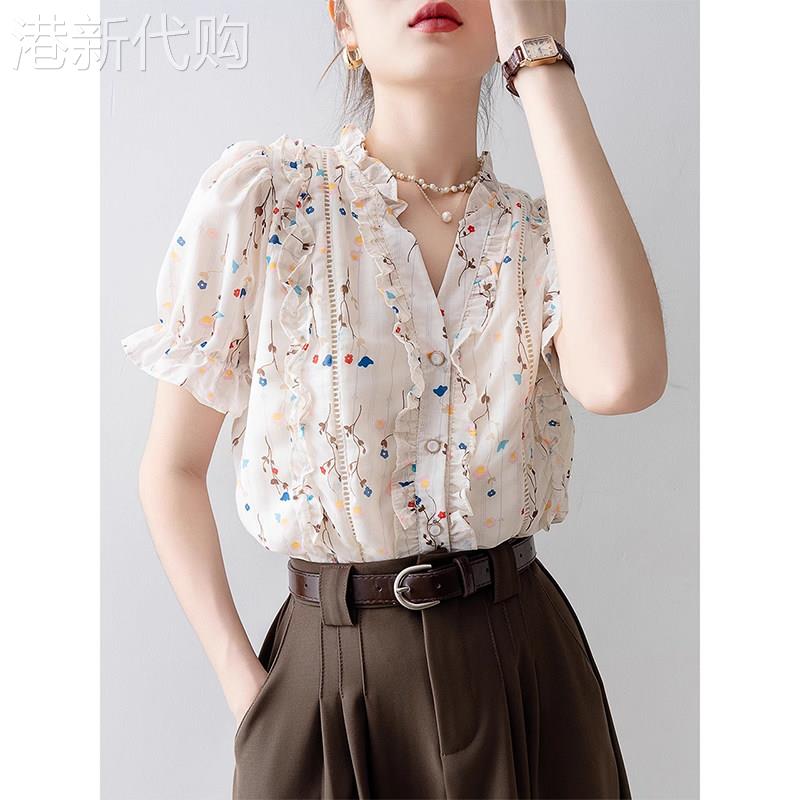 V领碎花雪纺衬衫女夏季2026新款洋派设计感宽松遮肚减龄气质上衣