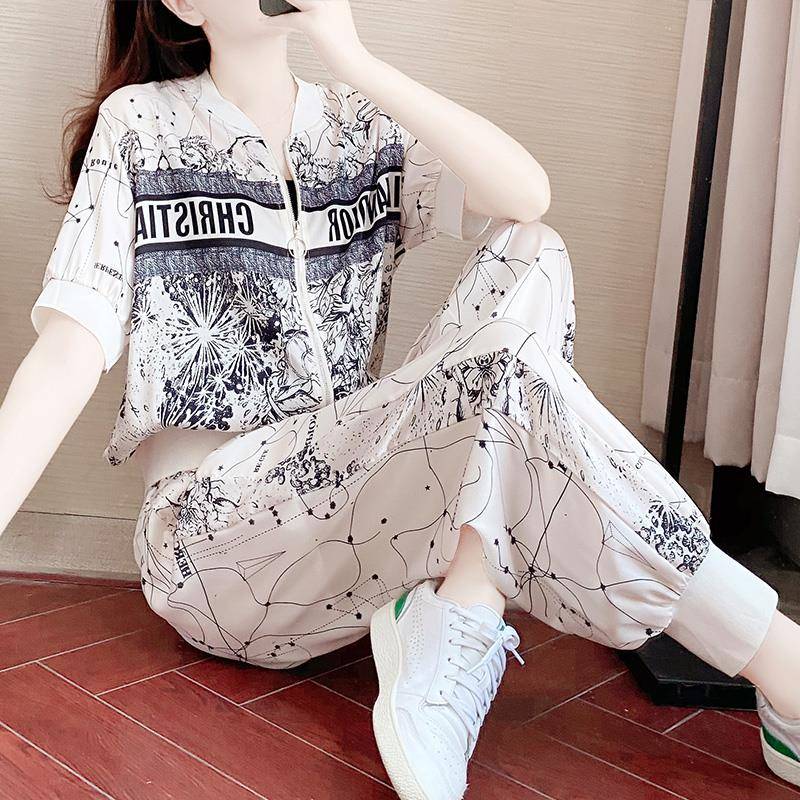 旅游运动套装女夏季薄款跑步休闲服韩版宽松舒适短袖t恤两件套潮
