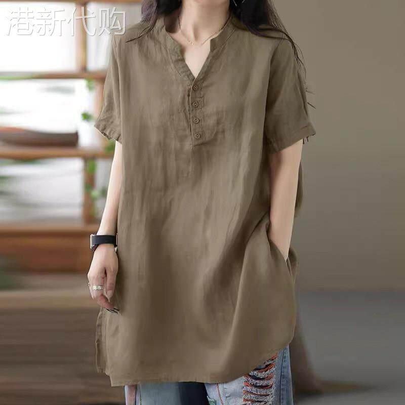 棉麻短袖t恤女夏季薄款2025新款宽松显瘦中长款休闲亚麻衬衫上衣