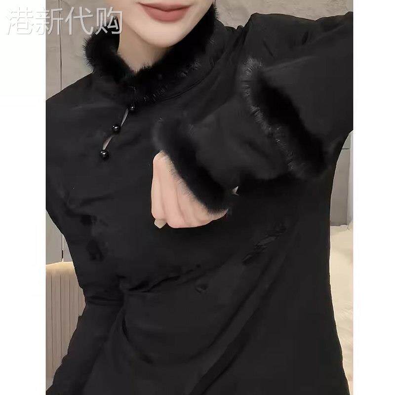 新中式长袖衬衫女春秋新款国风毛绒拼接立领盘扣衬衫修身显瘦T恤