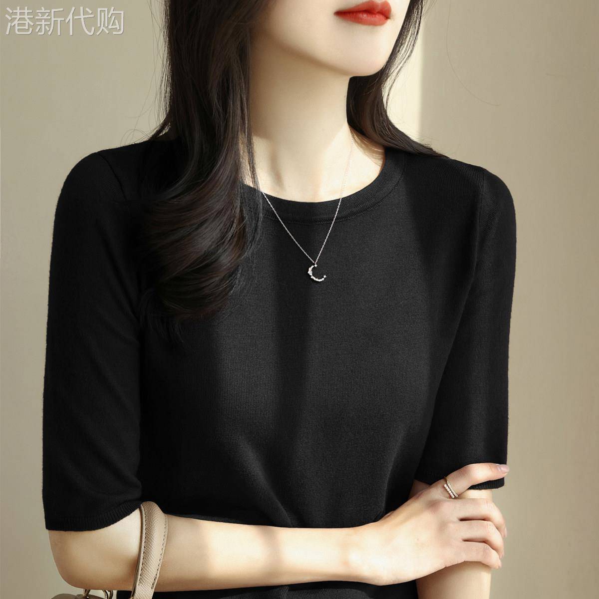 冰丝圆领黑色短袖针织t恤女夏季新款宽松显瘦洋气减龄中袖上衣潮