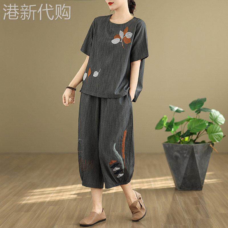 中老年妈妈文艺休闲短袖九分裤套装女夏季薄款宽松大尺码洋派两件