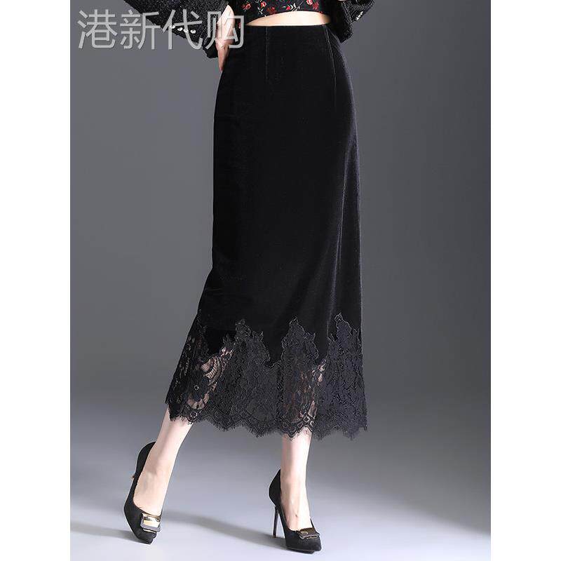 金丝绒女士半身裙2025春秋新款中长款蕾丝直筒裙黑色高腰包臀长裙