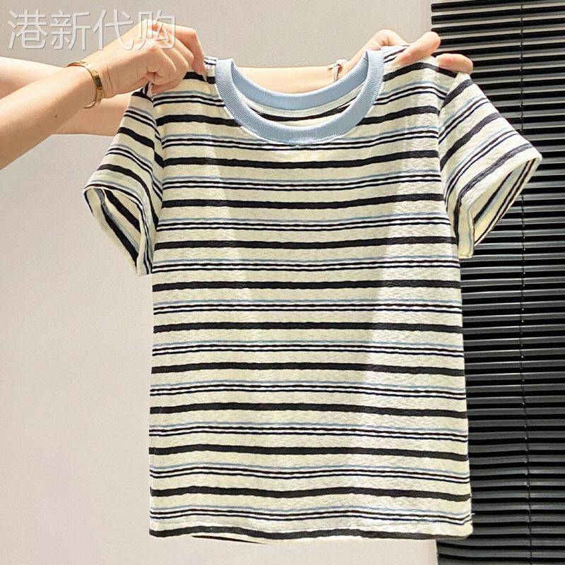 中年妈妈撞色条纹拼接圆领短袖t恤女夏季薄款新款慵懒风宽松上衣