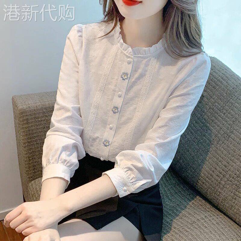 白色衬衫女春秋2025新款时尚洋派设计感木耳边立领长袖内搭衣上衣
