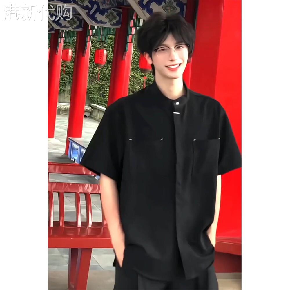 LL男装新中式立领冰丝短袖衬衫男士夏季领证订婚穿搭国风暗扣衬衫