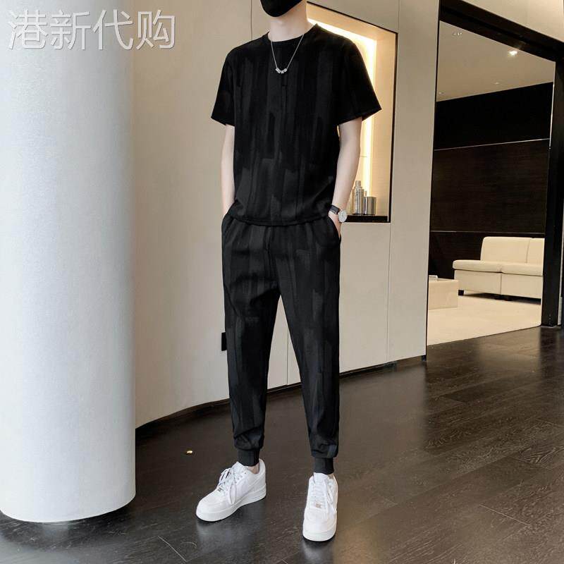 冰丝休闲运动套装男士夏季薄款潮牌垂感痞帅宽松时尚男装搭配一套