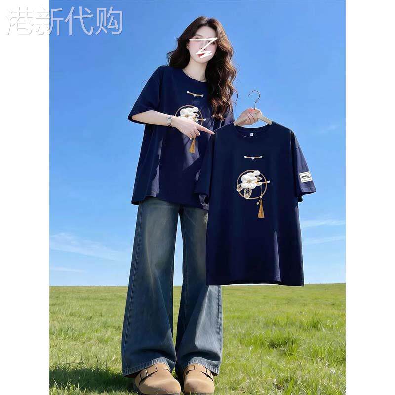 新中式印花短袖T恤女夏季欧货宽松大版中国风藏青色半袖小衫上衣