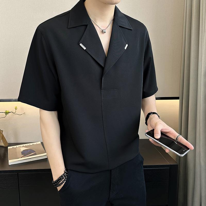 潮牌2525西装领衬衫男休闲短袖夏季宽松高级感痞帅古巴领衬衣薄款