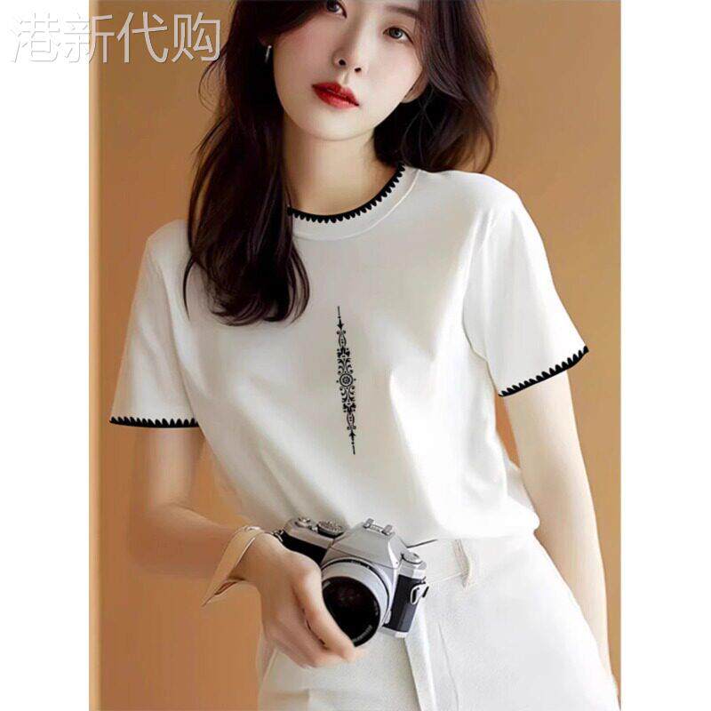 白色正肩短袖t恤女2026新款夏季圆领休闲宽松印花夏日漂亮小上衣