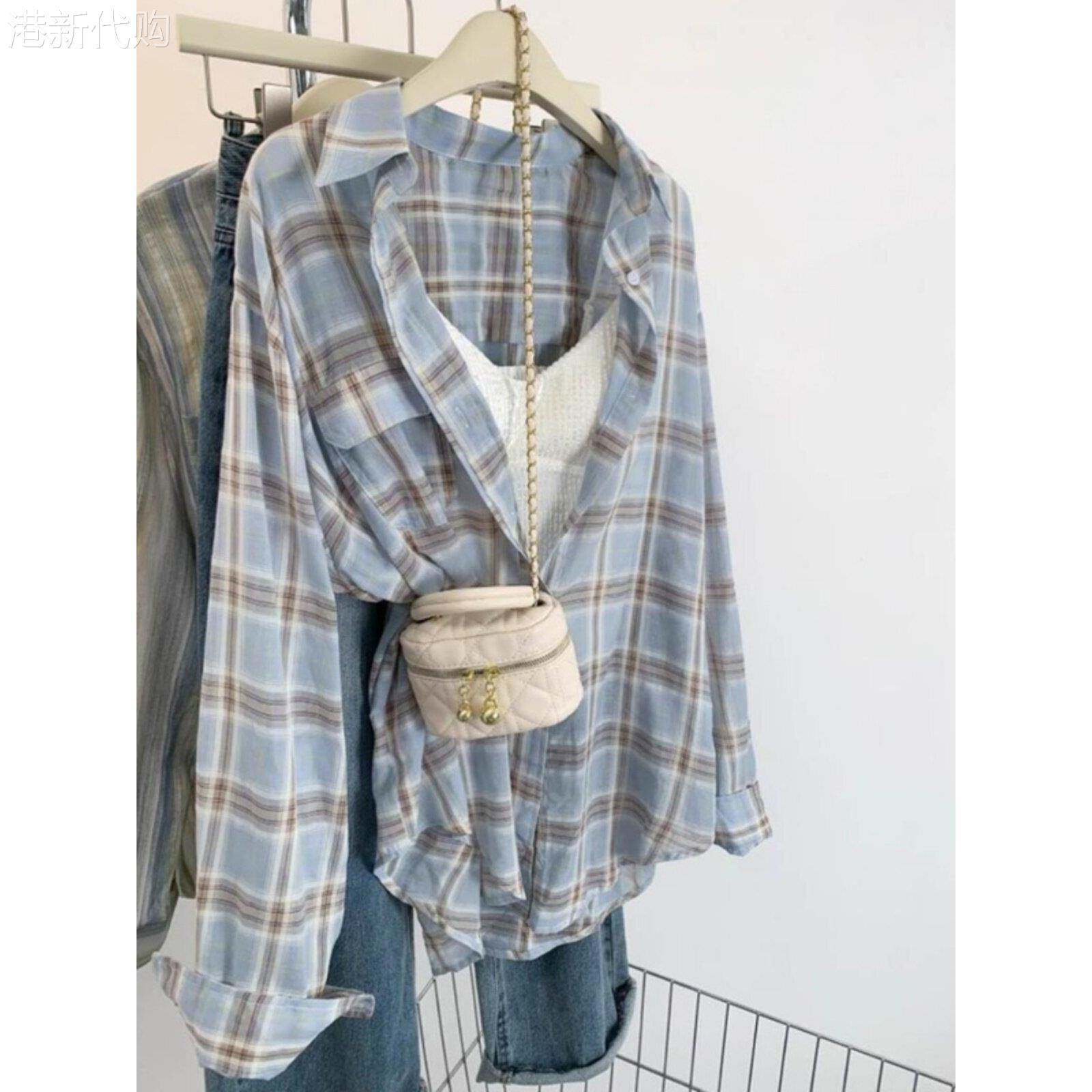 蓝色格子衬衫女春夏欧货中长款亚麻衬衣薄款bf风防晒棉麻上衣大码