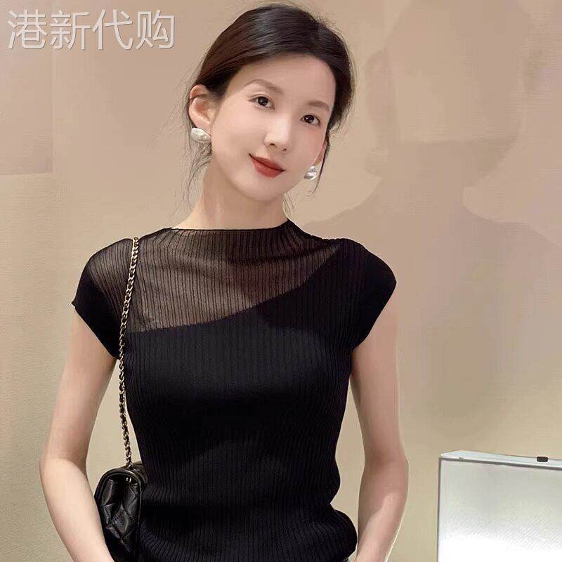 法式黑色天丝针织衫短袖t恤女夏季新款高级感正肩无袖冰丝上衣薄