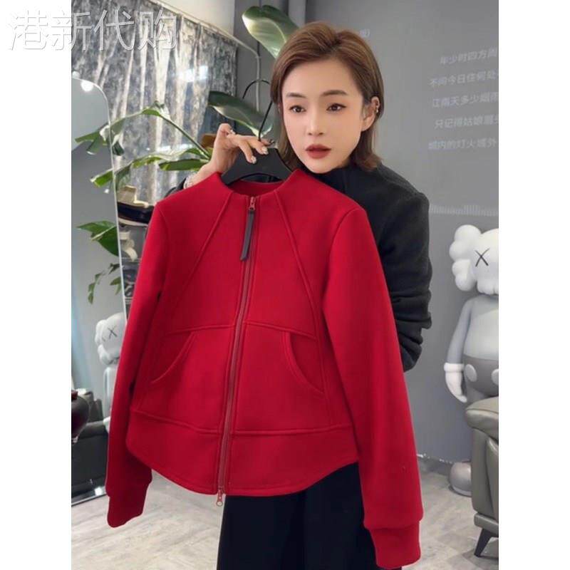 红色双拉链卫衣女秋冬欧货时尚显瘦保暖立体剪裁百搭款打底衫外套