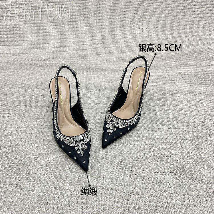 香港潮牌夏季仙女风水钻凉鞋尖头细跟黑色绸缎高跟鞋绝美水晶婚鞋