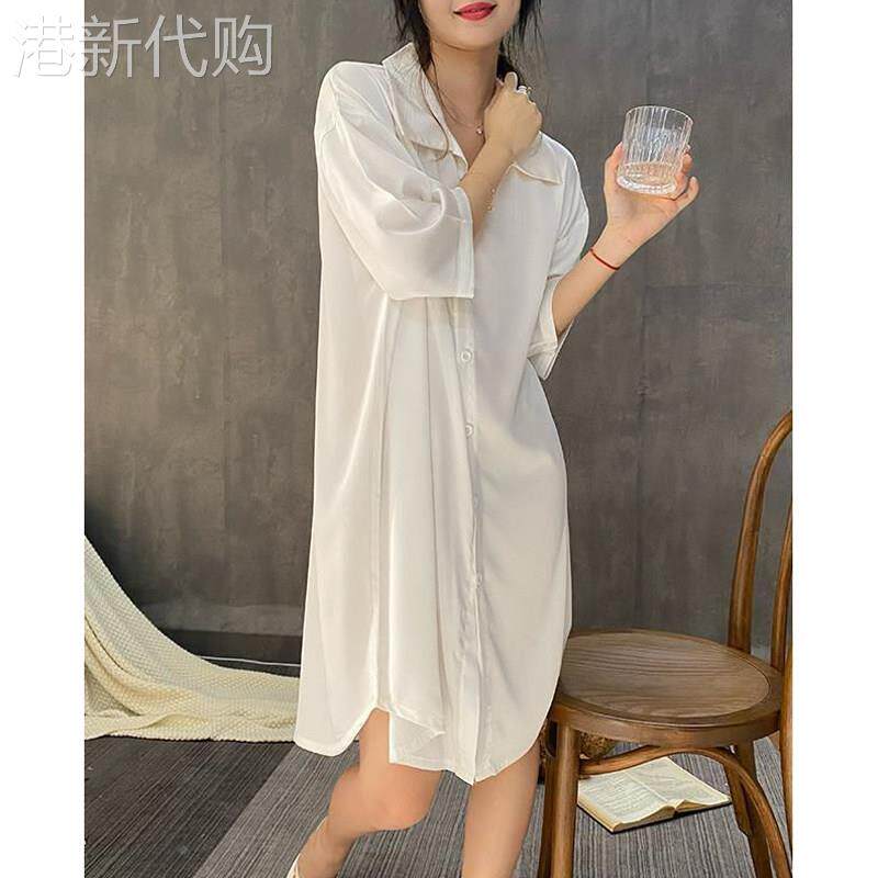 冰丝短袖睡裙女士夏季欧货衬衫开衫中长款睡衣薄款性感宽松家居服