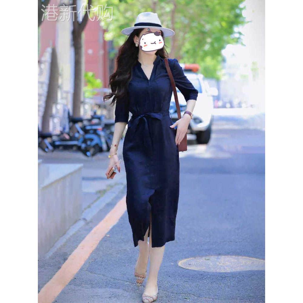 休闲短袖女士夏季新时尚百搭高端V领系带女士开叉中长裙