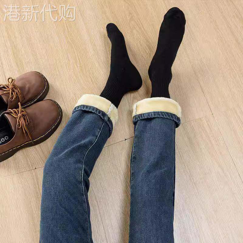 加绒加厚直筒牛仔裤女秋冬2025新款弹力显瘦小个子保暖九分烟管裤
