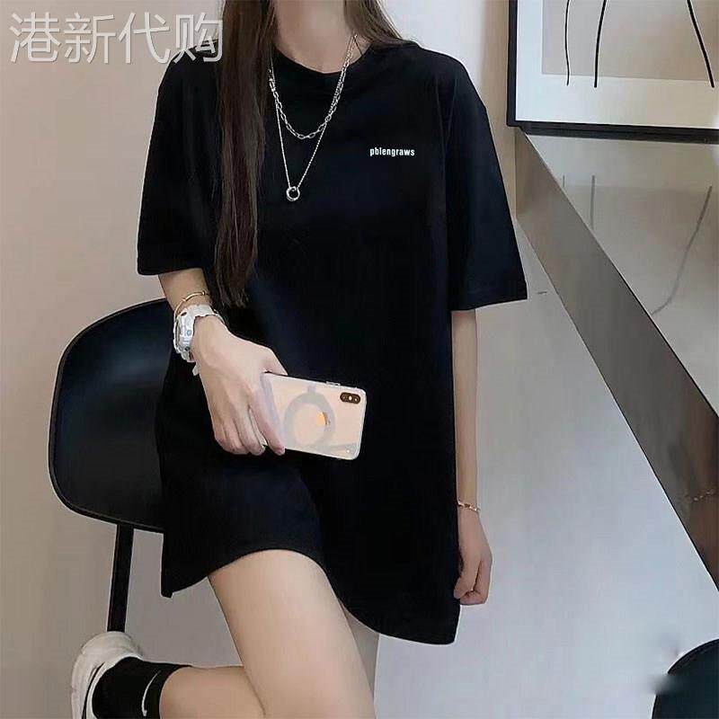 韩国潮牌纯棉黑色短袖t恤女2025中长款下衣失踪个性字母宽松上衣.