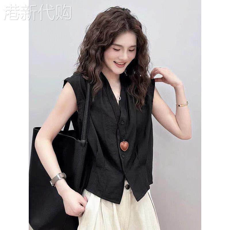 黑色雪纺衬衫女夏季薄款2026新款设计感小众短款无袖V领衬衫上衣
