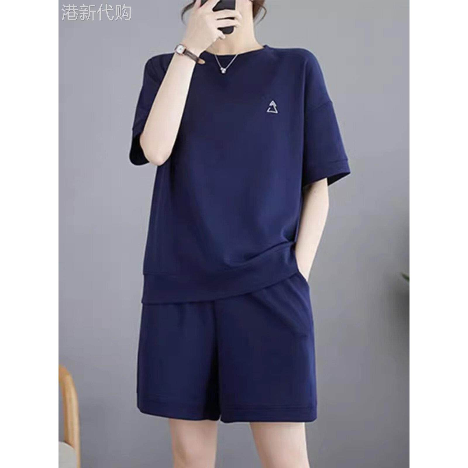 运动休闲套装女夏季2025夏装新款短袖短裤大码胖mm显瘦遮肉两件套